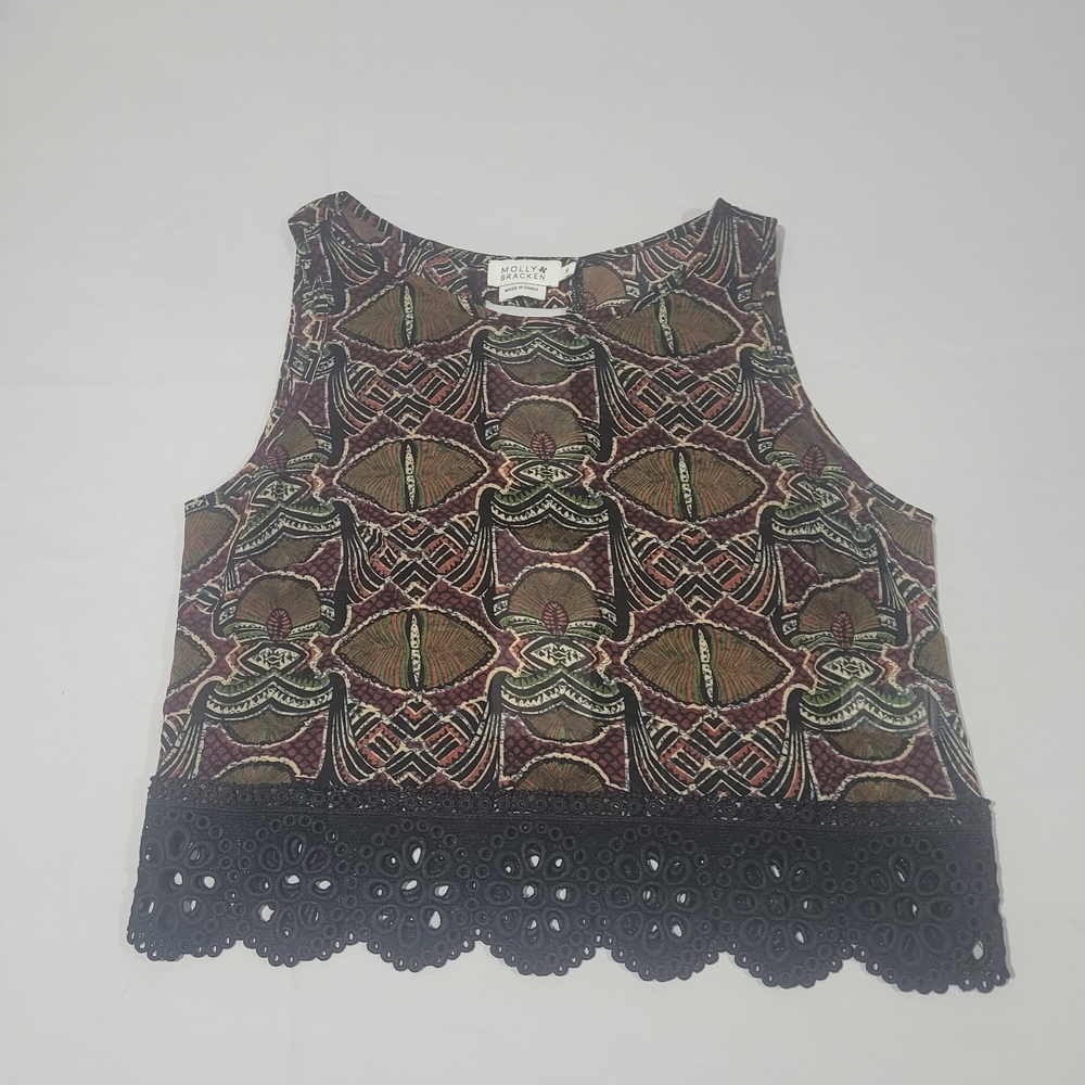 Molly Bracken Olive Multi Patterned Cropped Tank with Black Lace